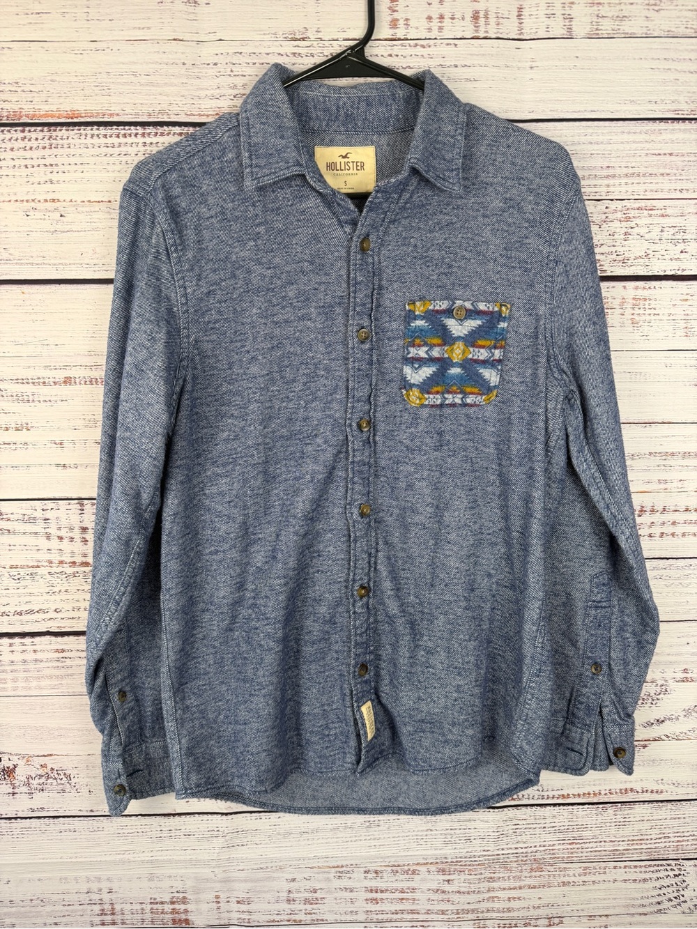 Hollister Blue Textured Button Down Shirt S Southwestern Geometric Pocket Y2K